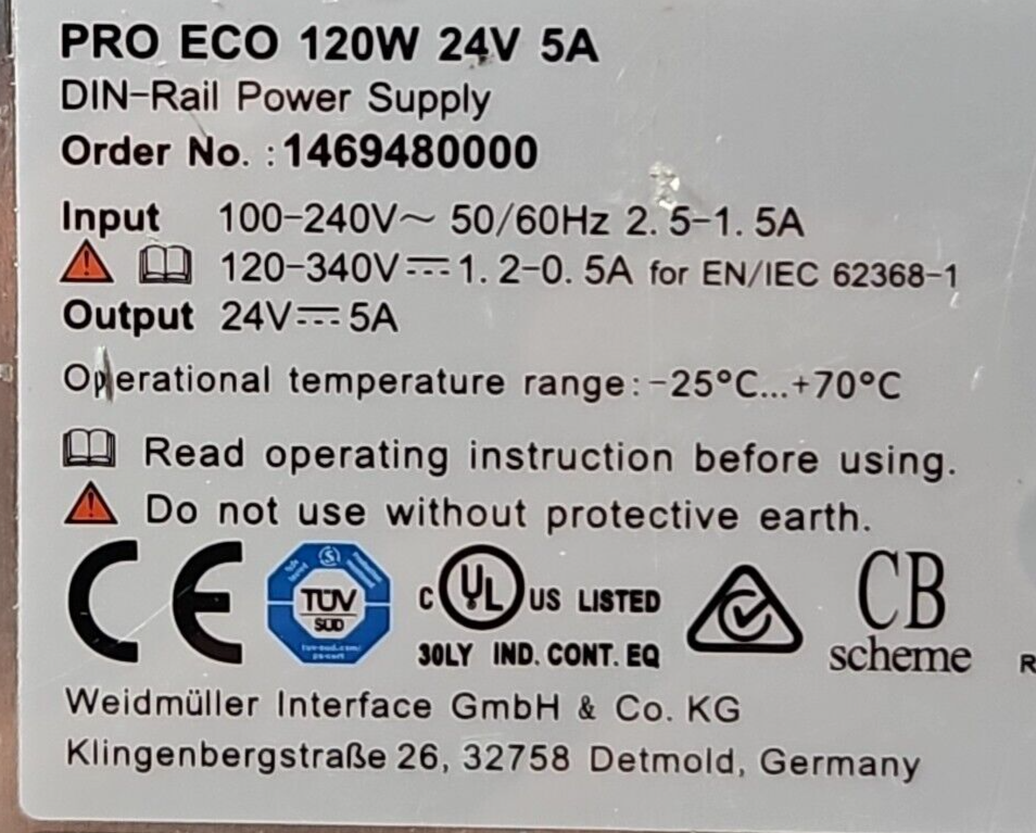 Weiddmuller 1469480000 PRO ECO 120 W 24 V 5 A DIN Power supply  (BIN2.3.3)