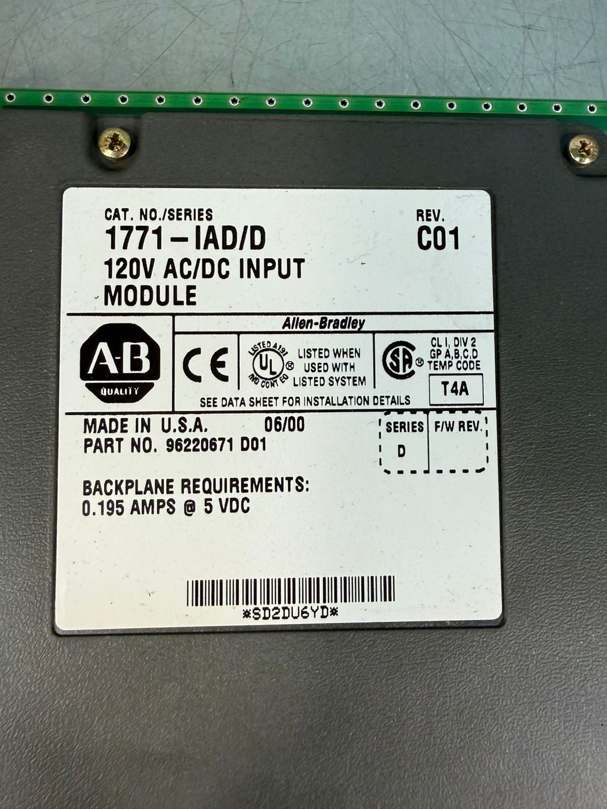 Allen Bradley 1771-IAD /D 120V Ac/Dc Input Module Rev C01 (7.3.5)