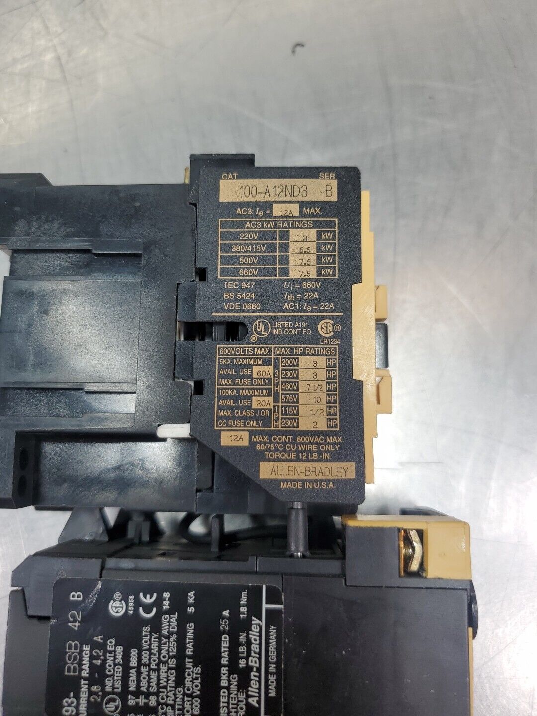 Allen-Bradley 100-A12ND3/B Contactor w/193-BSB42B Trip Module.             4C-13