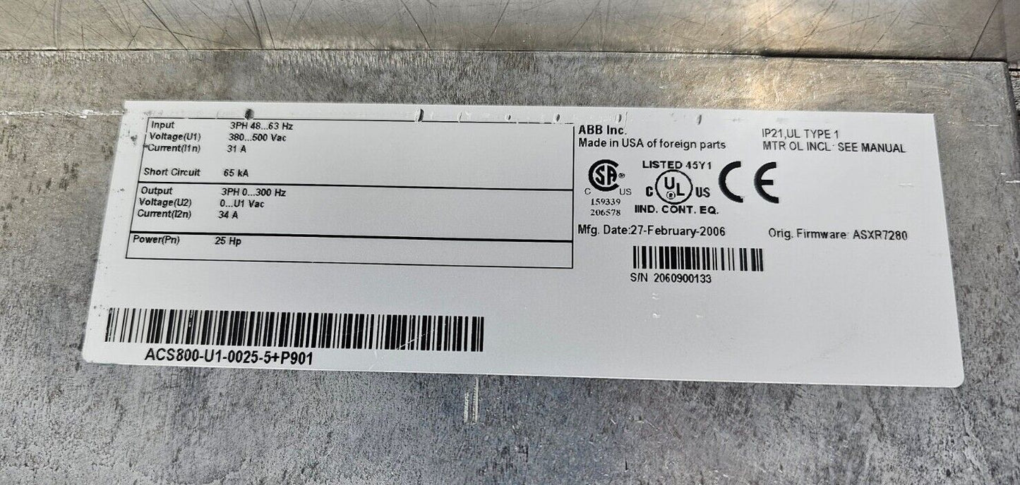 ABB ACS800-U1-0025-5+P901 ABB 34A 460V 25HP Drive Loc1C
