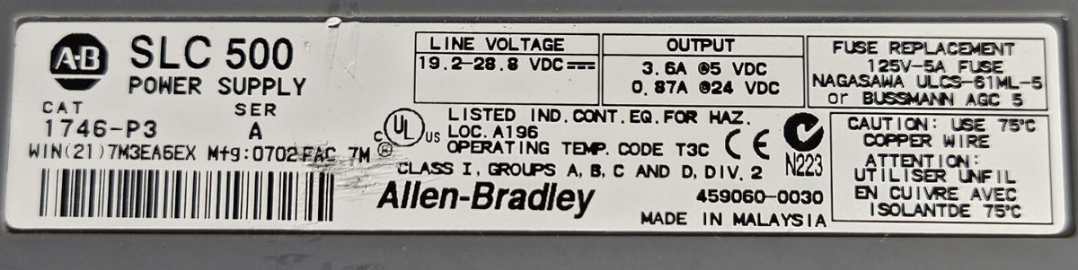 Allen Bradley 1746-A13 / 1746-P3 Slot Rack and Power Supply             (BIN622)