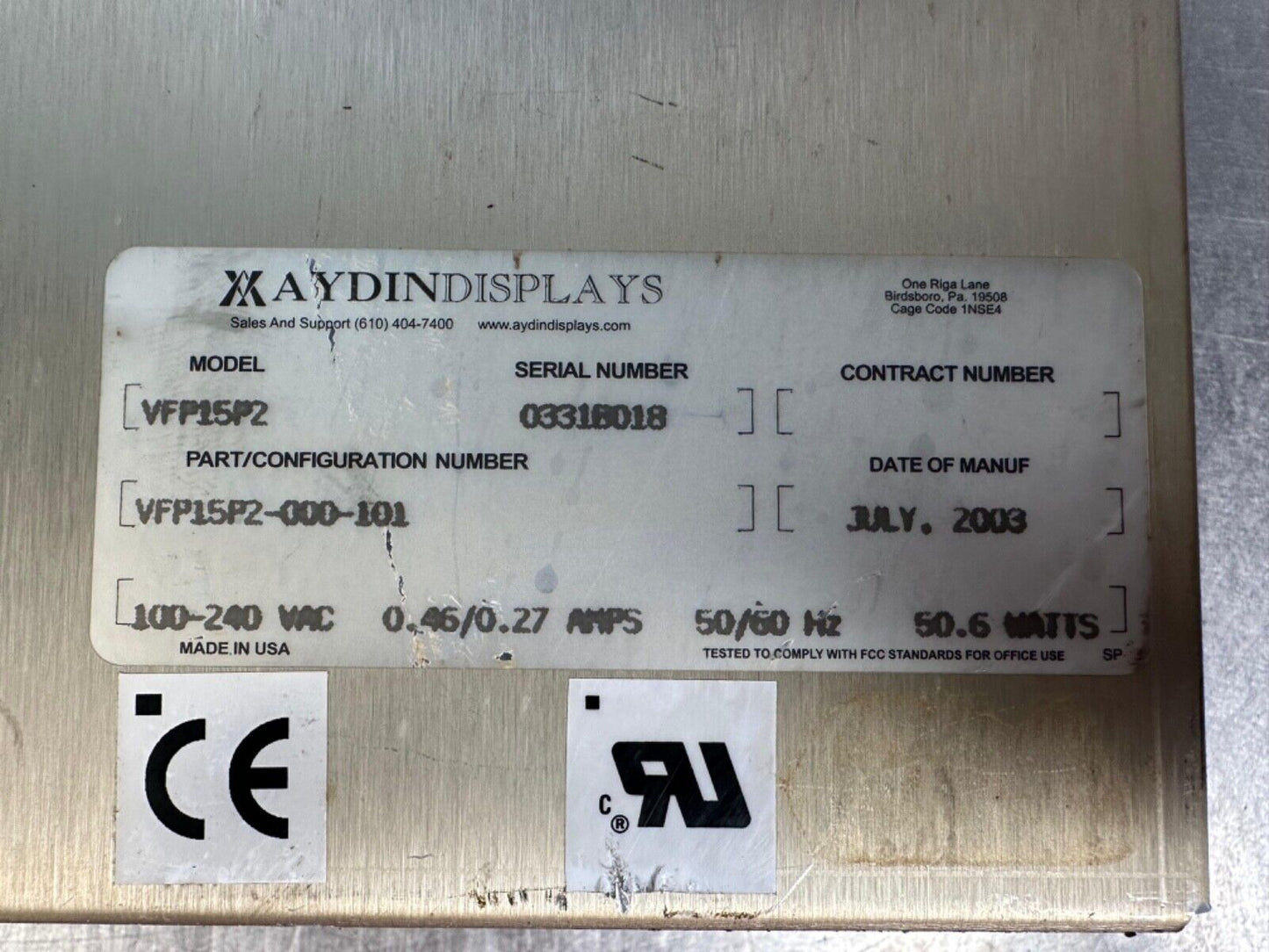 Aydin Displays Monitor  VFP15P2-000 -101 Ser.Numb.:03318018 (2F-1)