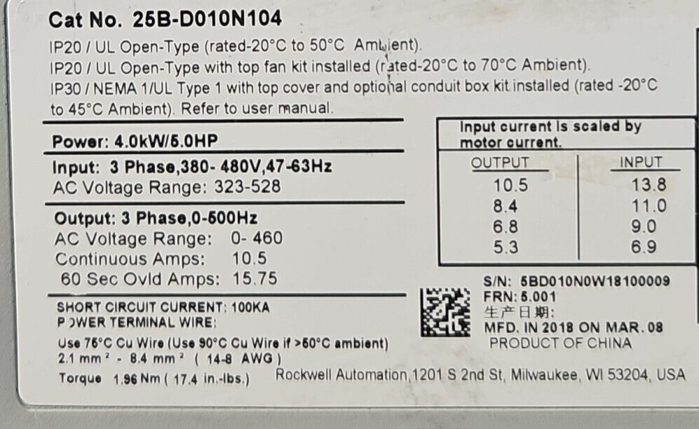 Allen-Bradley 25B-D010N104 Ser A PowerFlex 525 4kW 5Hp AC Drive         (BIN642)