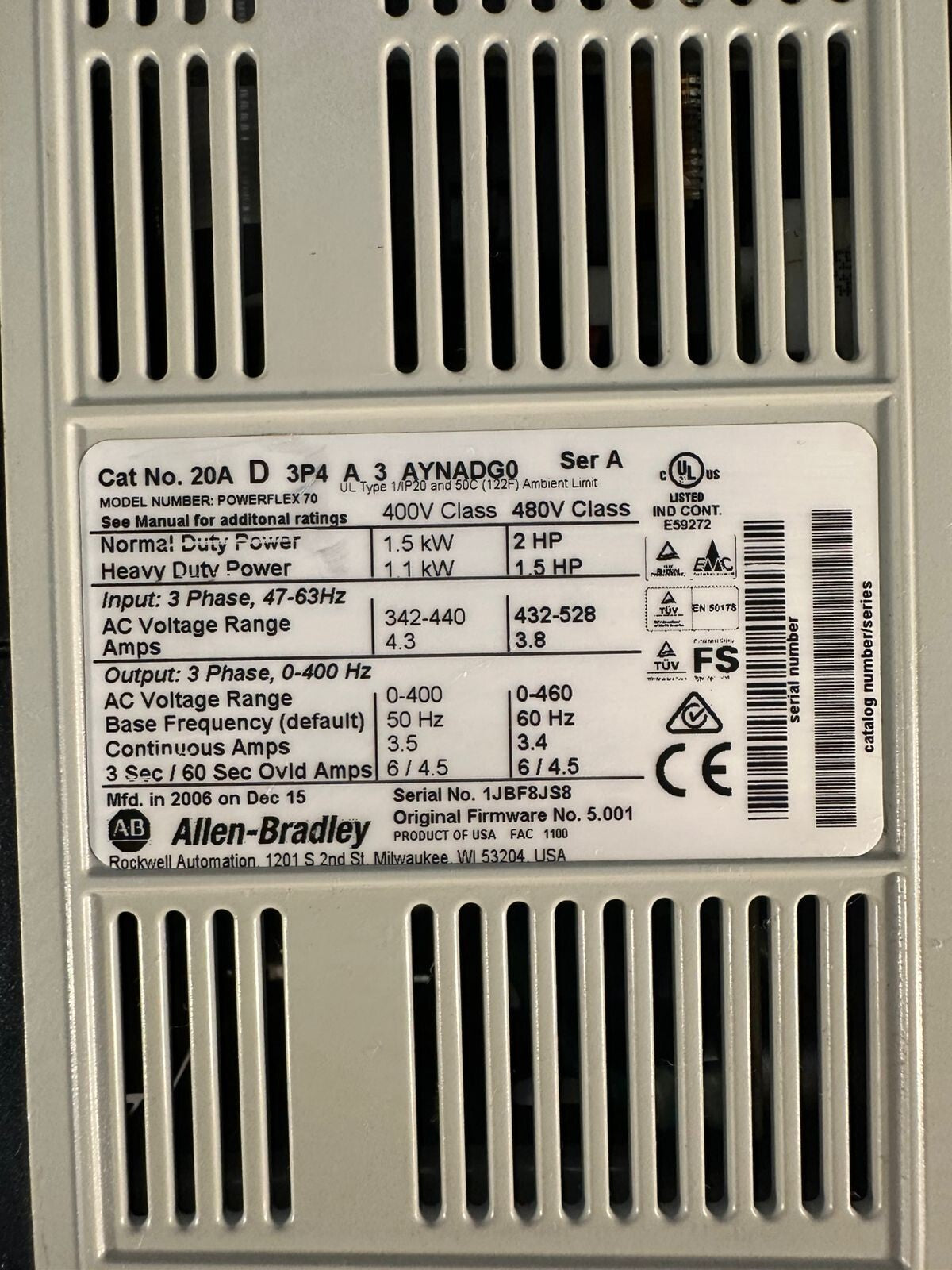 Allen Bradley 20AD3P4A3AYNADG0 /A POWERFLEX 70 AC DRIVE 2HP 480VAC (2.2.1)