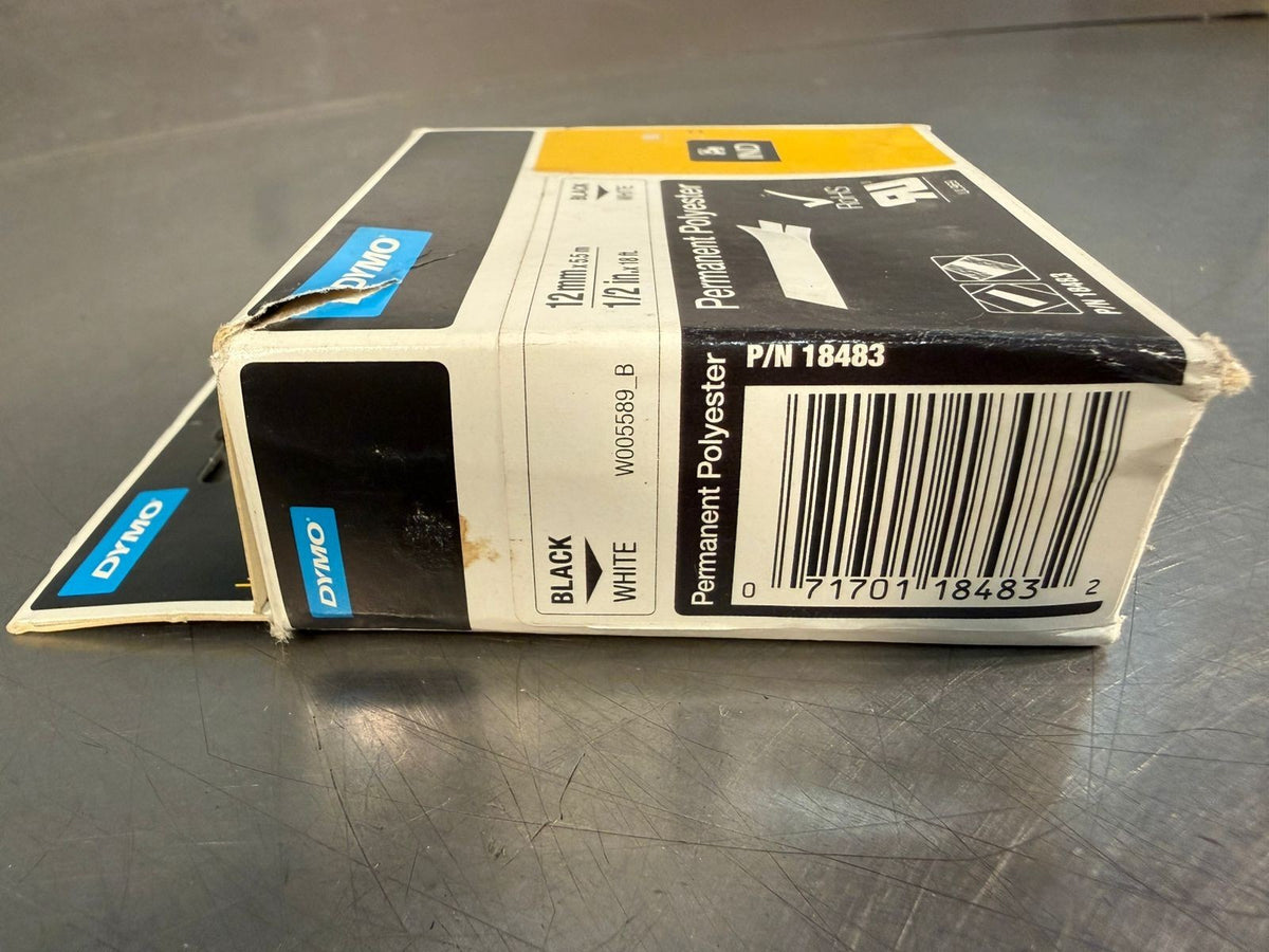 Dymo Rhino 18483 Permanent Poly Tape 1/2" x 18 ft White Black Print (3.1.1)