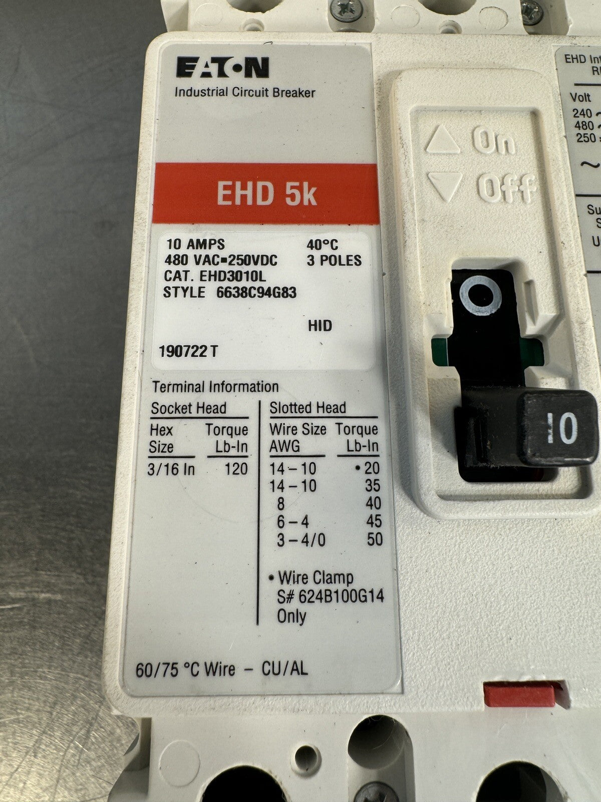 Cutler-Hammer EHD3010L 3 Pole 10 Amp 480v Industrial Circuit Breaker @bin1.5.1
