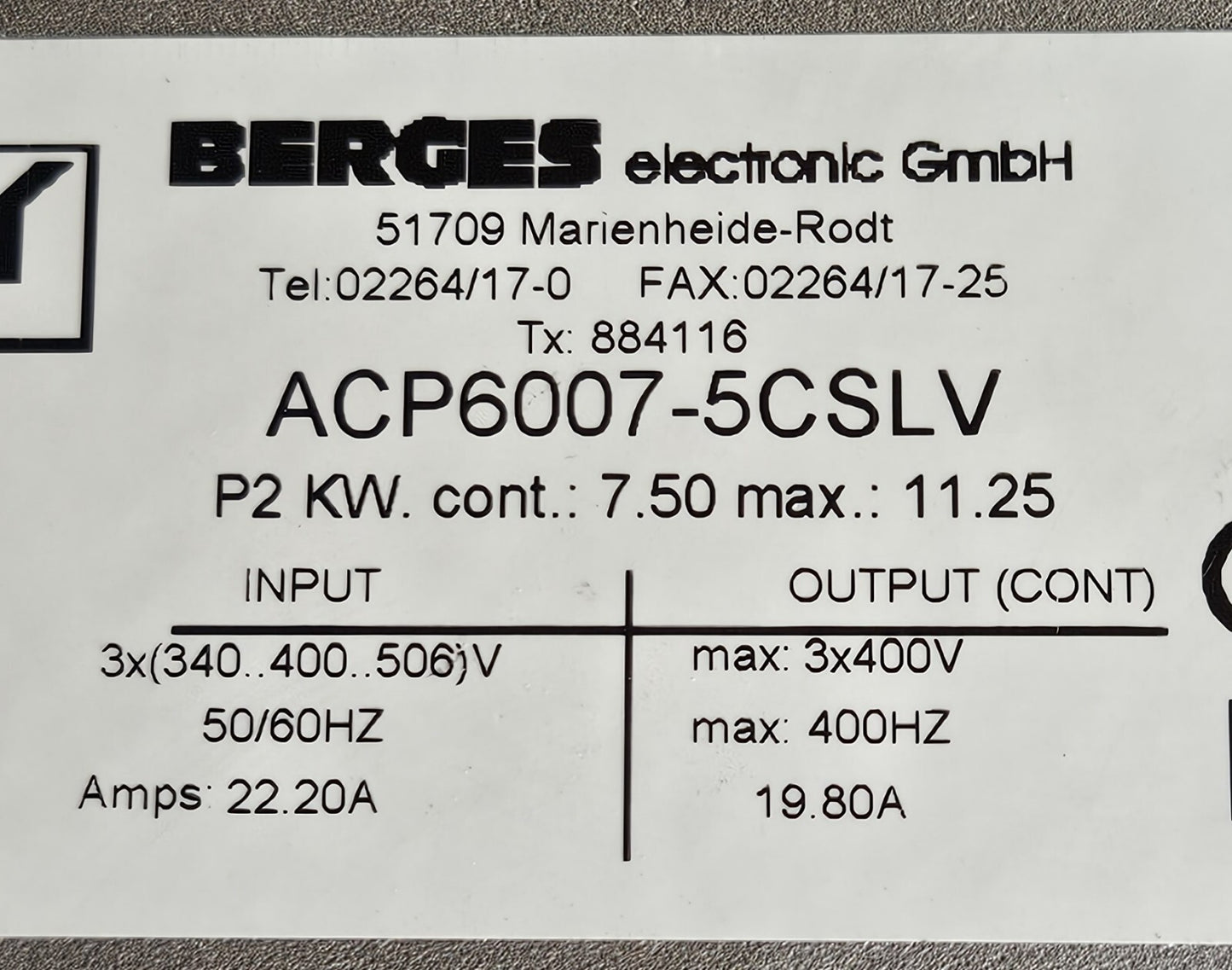 BERGES Electronic GmbH ACP6007-5CSLV P2 KW  Inverter Drive  400V 19.80A (BIN655)