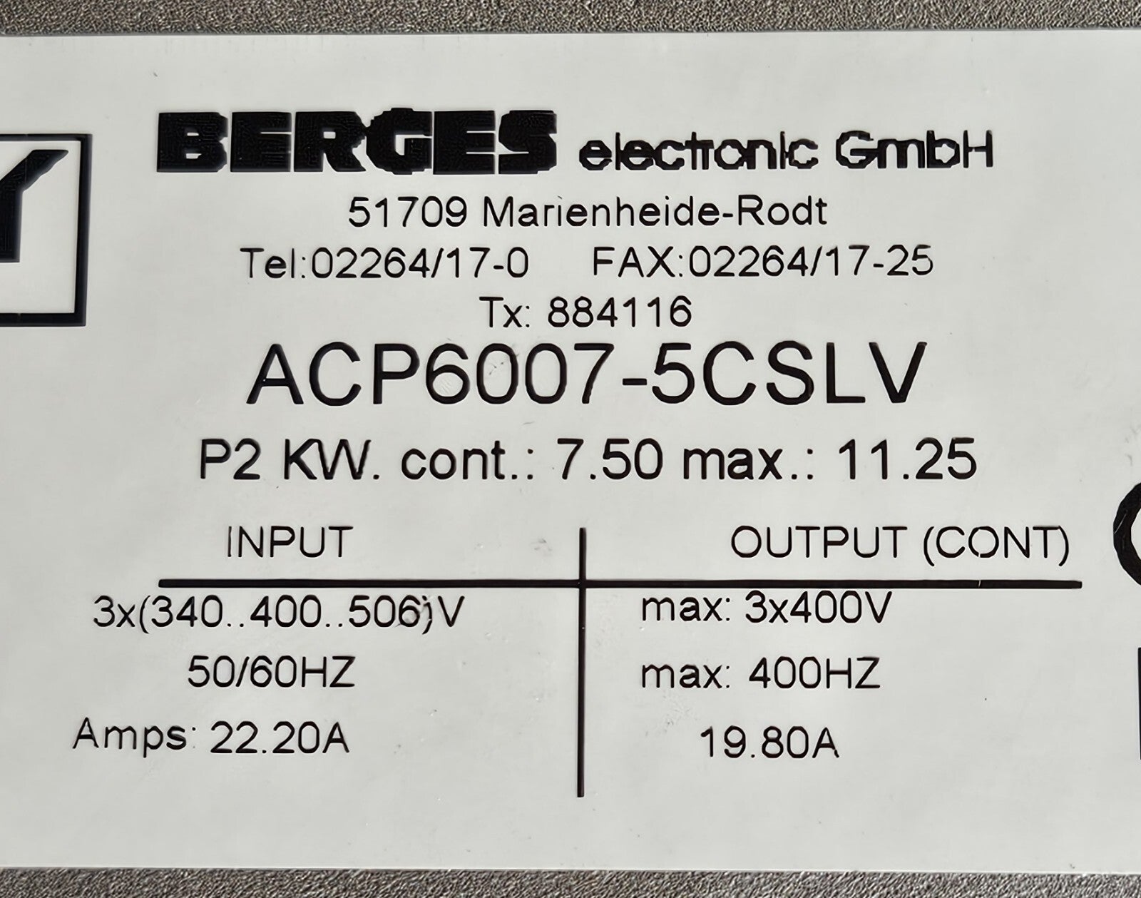 BERGES Electronic GmbH ACP6007-5CSLV P2 KW  Inverter Drive  400V 19.80A (BIN655)