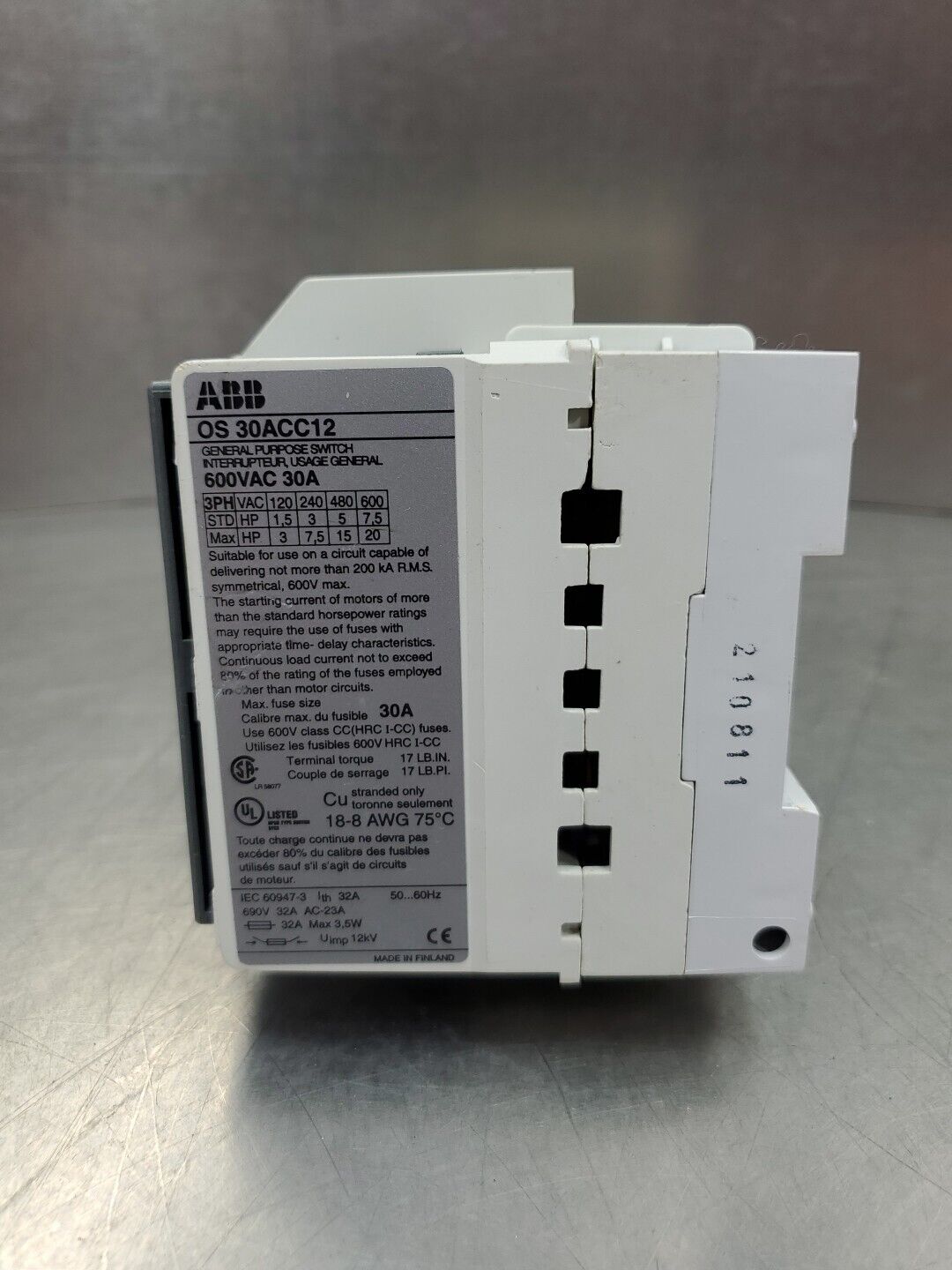 ABB OS 30ACC12 600VAC 30A Fused Switch w/3-Ferraz Shawmut ATMR20 20A Fuse  4B-36