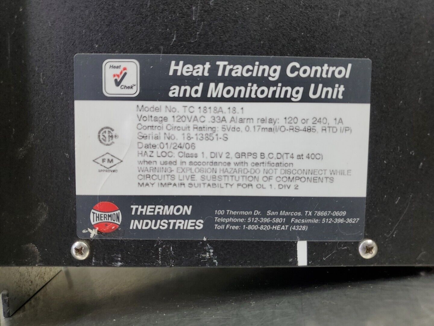Thermon TC1818A.18.1 Heat Tracing Control and Monitoring Unit.                4H