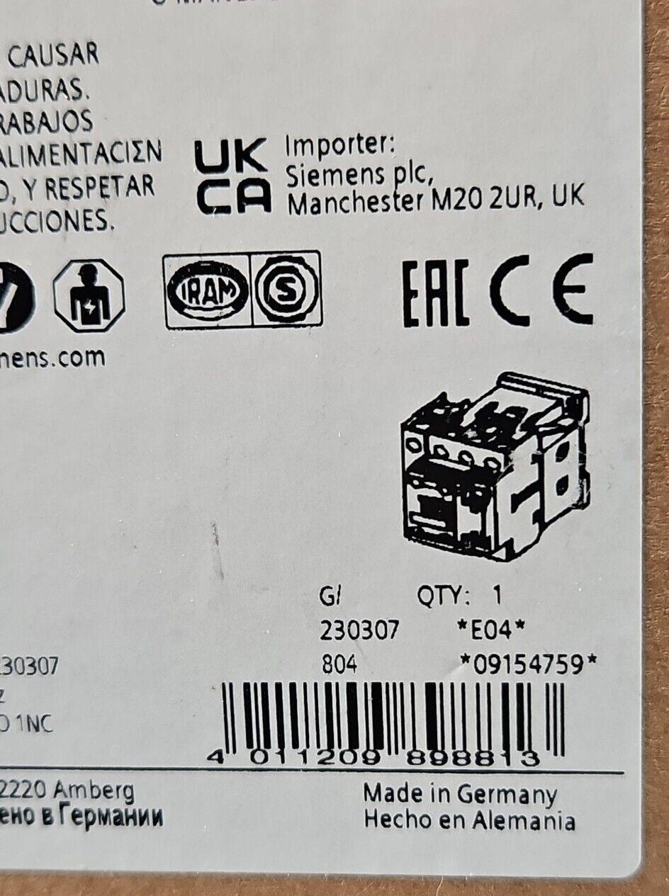 Siemens 3RT25261AK60 4Pole Contactor 25A 11kW 120Vdc Coil               (BIN424)