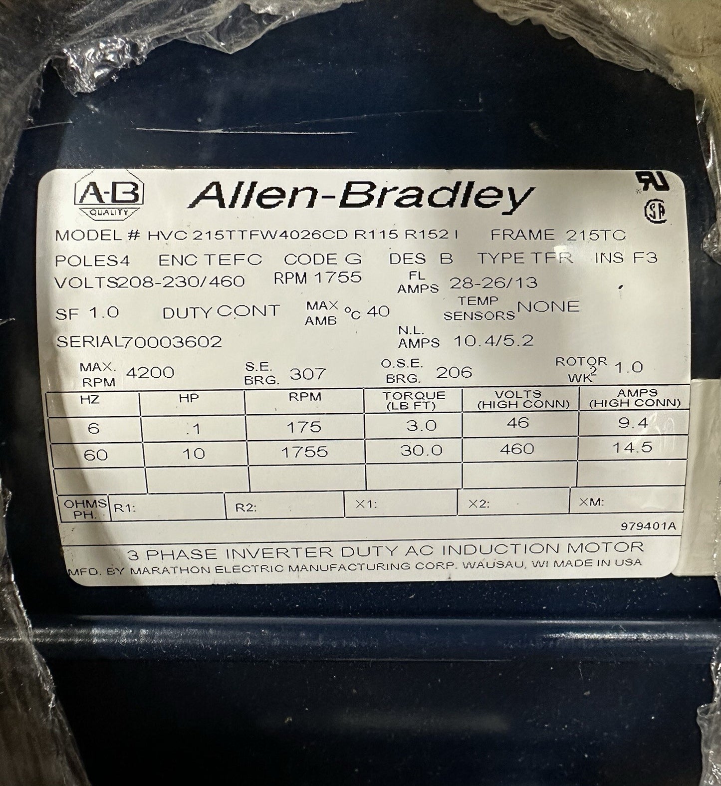 Allen Bradley 215TTFW4026CD 3 PHASE INVERTER DUTY AC INDUCTION MOTOR     (7.5.3)