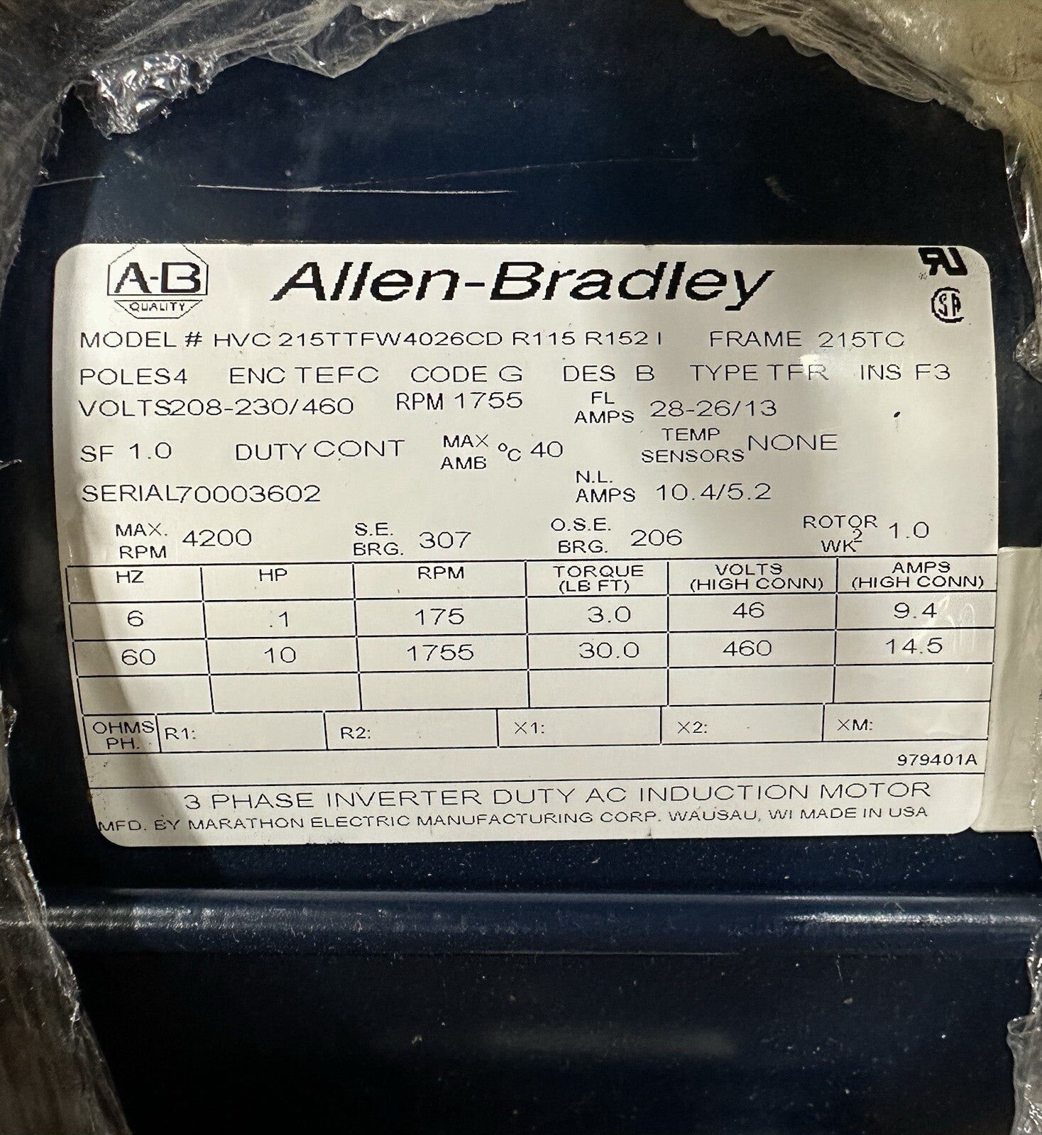 Allen Bradley 215TTFW4026CD 3 PHASE INVERTER DUTY AC INDUCTION MOTOR     (7.5.3)