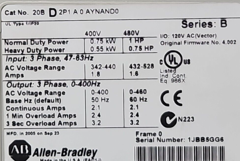 Allen-bradley 20B D 2P1 A 0 AYNAND0 SerB Power flex 700                    Loc1D