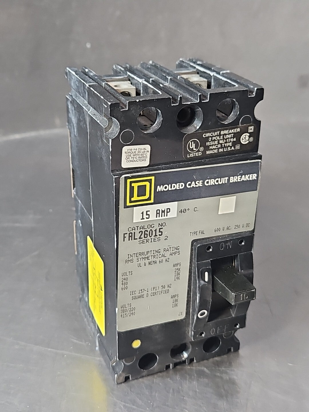 Square D FAL26015 Circuit Breake 15 amp 2 pole 600 volt                 (BIN434)