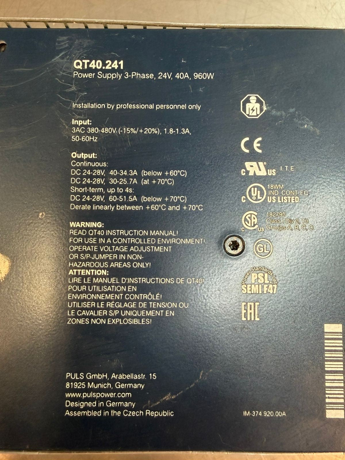 Puls QT40.241 DIN Power Supply 24V DC 40A 3 Ph                     (9.3.4)