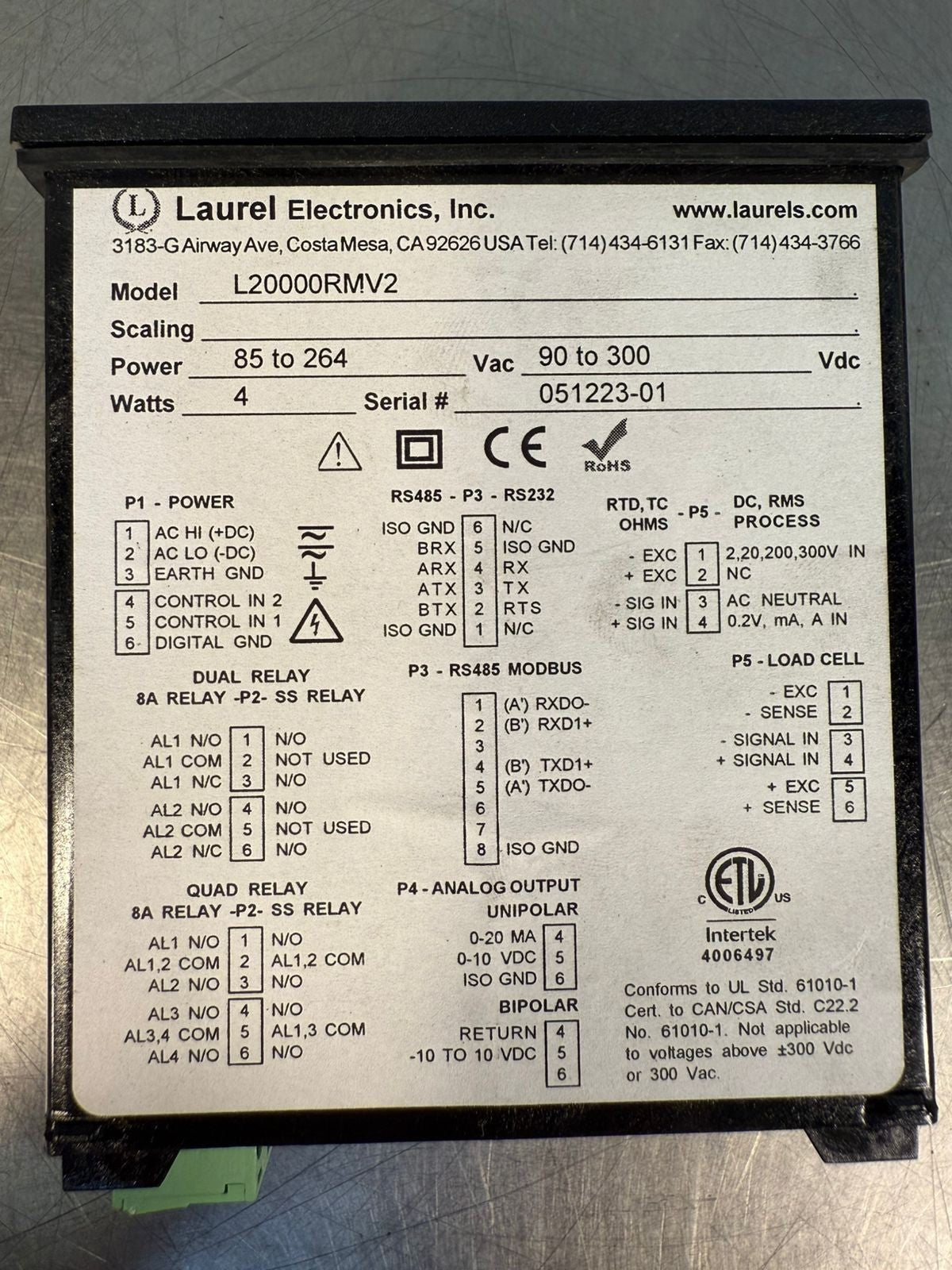 Laurel Eletronics L20000RMV2 85 To 264Vac  90 To 300Vdc 4W         (6.2.2)