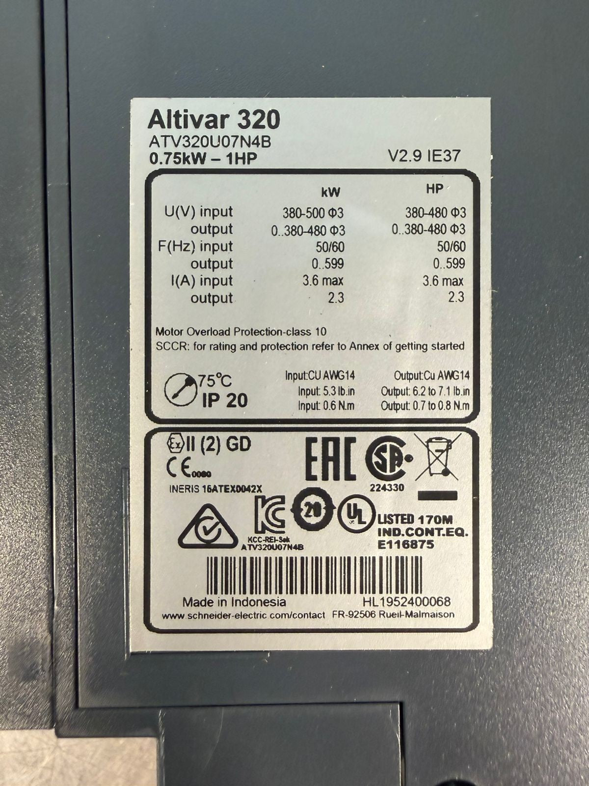 Schneider Electric Altivar 320 AC Drive ATV320U07N4B 0.75kW-1Hp    (8.5.6)