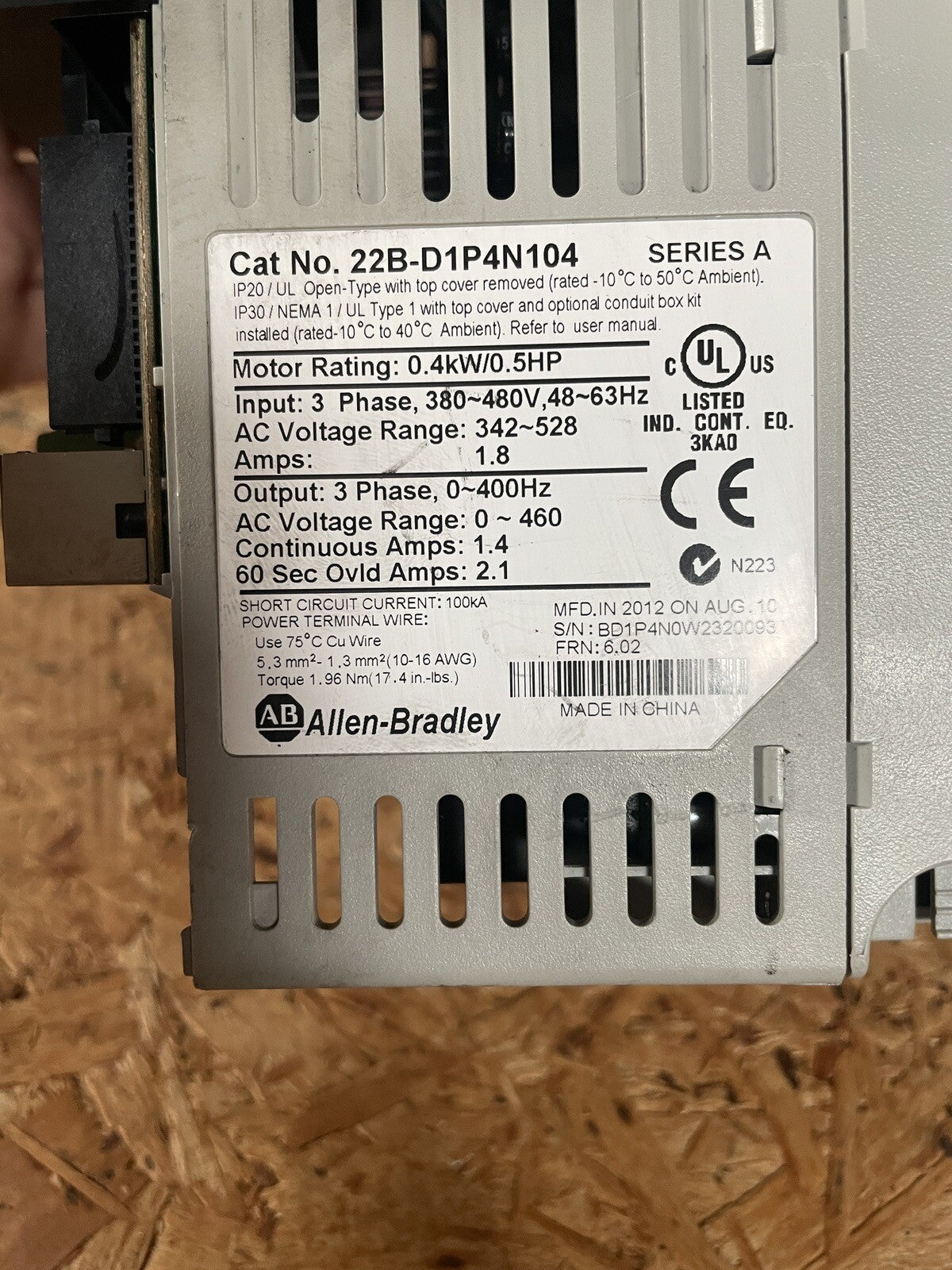 Allen Bradley Powerflex 40 22B-D1P4N104 Ser A 3 Phase Drive @3.3.5