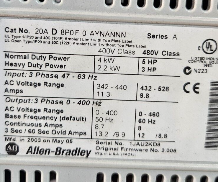 Allen Bradley 20AD8P0F0AYNANNN   AC Drive 5Hp                          (BIN415)