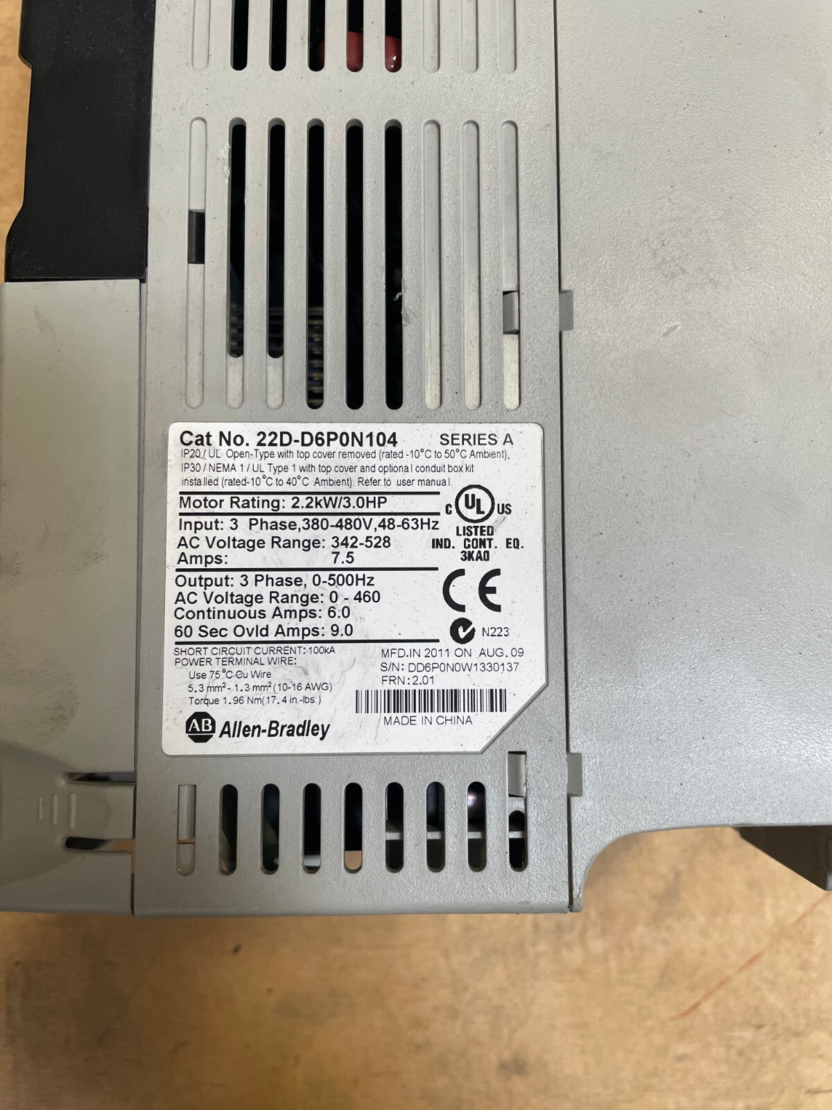 Allen Bradley PowerFlex 40P 22D-D2P3N104 - 3-Phase Variable Frequency Inverter