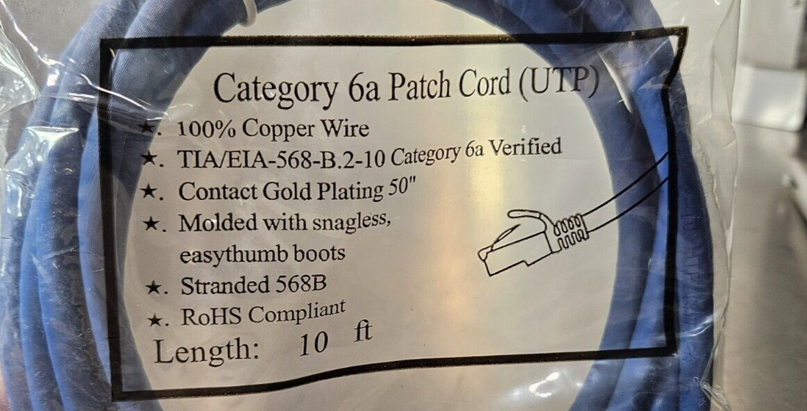 TIA/EIA 568-B.2-10 Category 6 Patch Cord 10 Ft gold plating 50" pk W/10  (BIN332