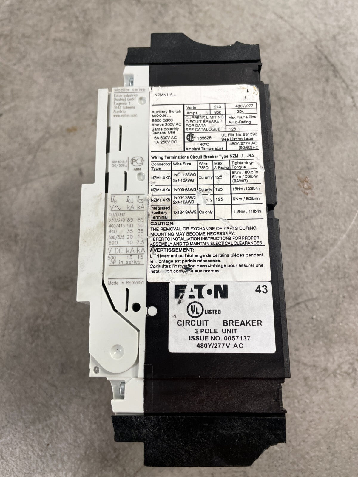 Eaton NZM1 Triple Pole 480 VAC 50kA Motor Protection Circuit Breaker @3.3.5