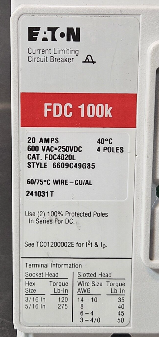 Eaton FDC 100K / FDC4020l 20A 600VAC 4 poles  Circuit Breaker           (BIN733)