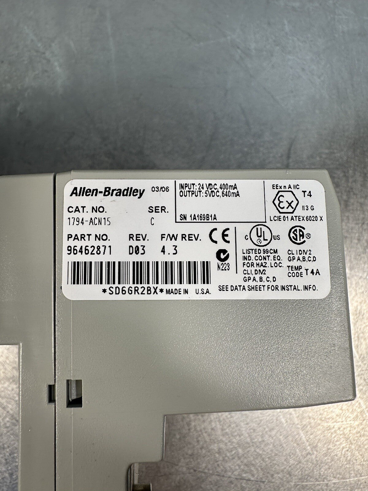 Allen Bradley 1794-ACN15 Flex I/O ControNet 24 VDC Ser. C F/W 4.3 (BIN-1.1.1)