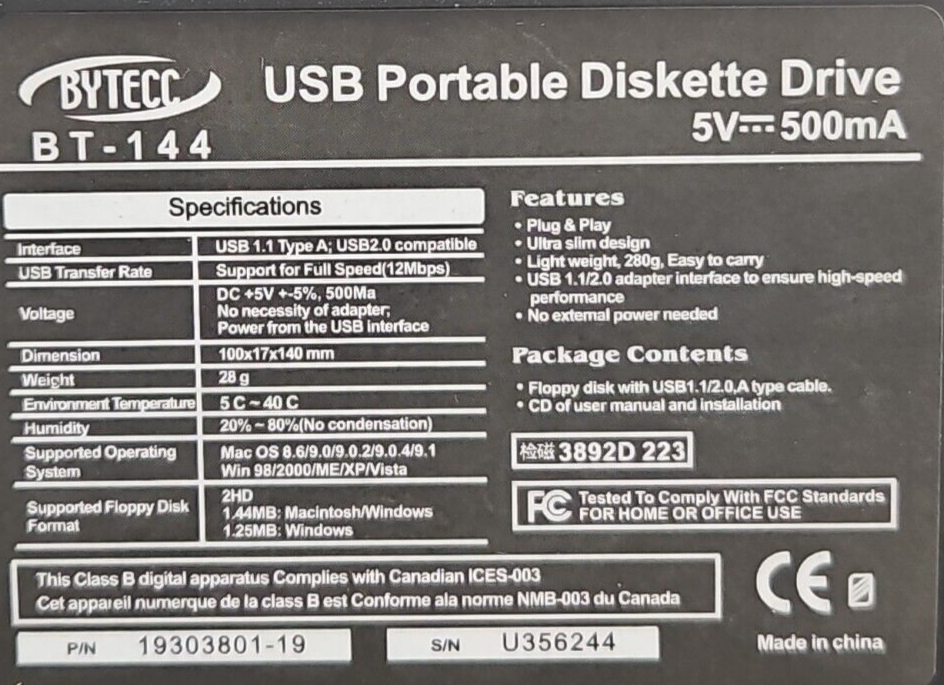 Bytecc BT-144 USB Portable Diskette Drive                         loc3C30