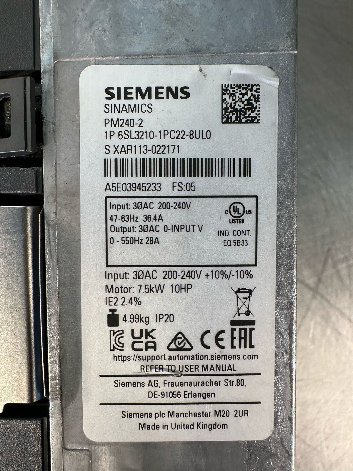 Siemens 6SL3210-1PC22-8UL0 Sinamics PM240-2                  (4.5.2)