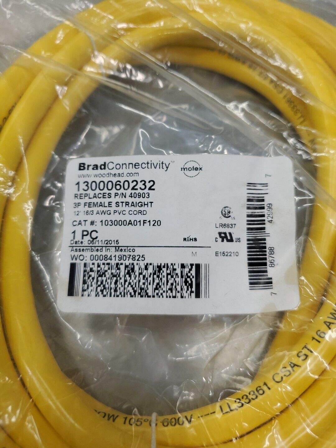 BRAD CONNECTIVITY 1300060232 3P FEMALE STRAIGHT 12' 16/3 PLC Cord.         5E-27