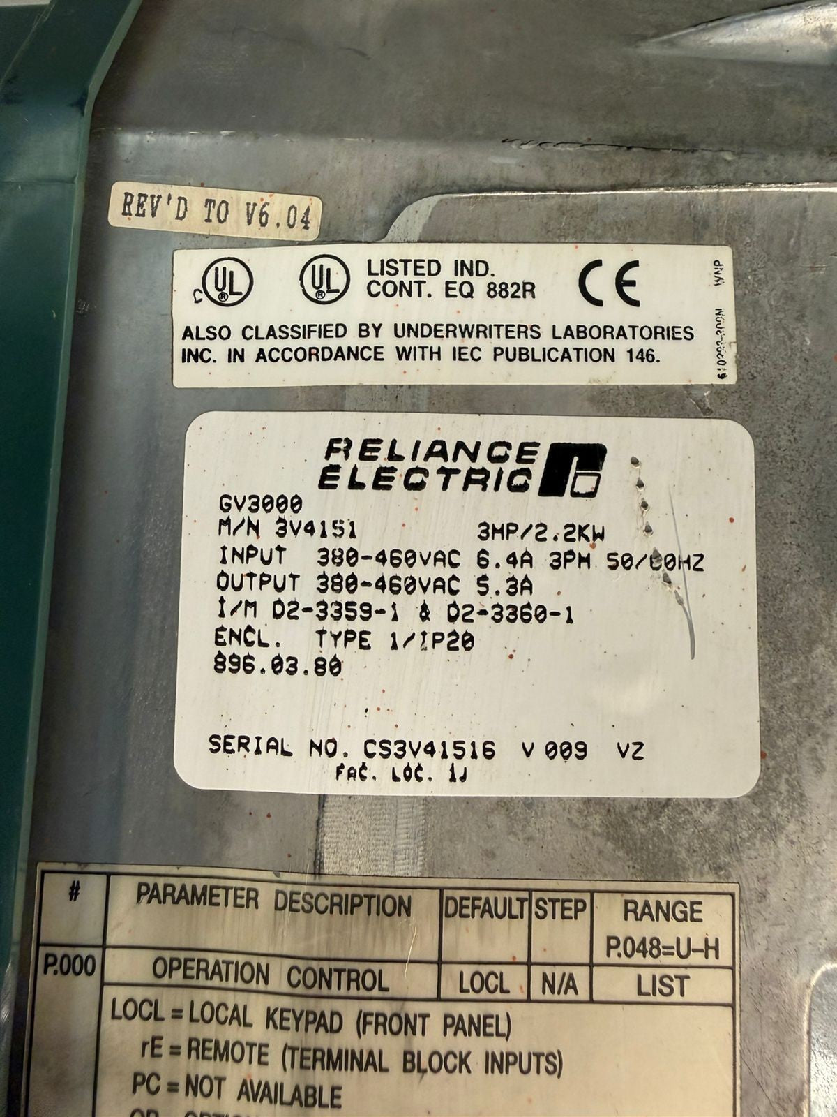 Reliance Electric GV3000 3 HP/2.2kw M/N 3V4151                     (9.4.4)