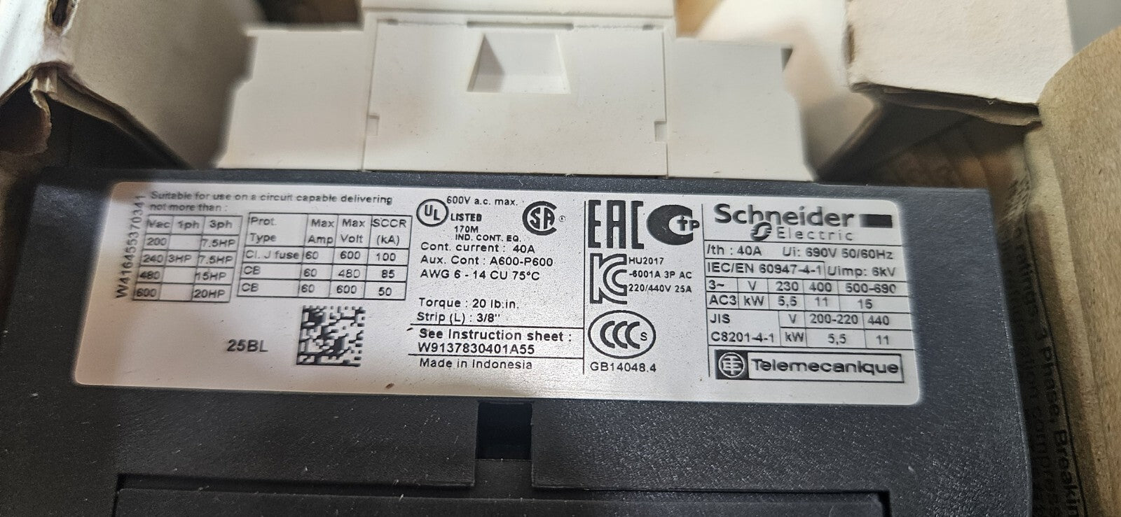 Schneider Electric LC1D25 / LAD4TBDL  Contactor                         (BIN731)