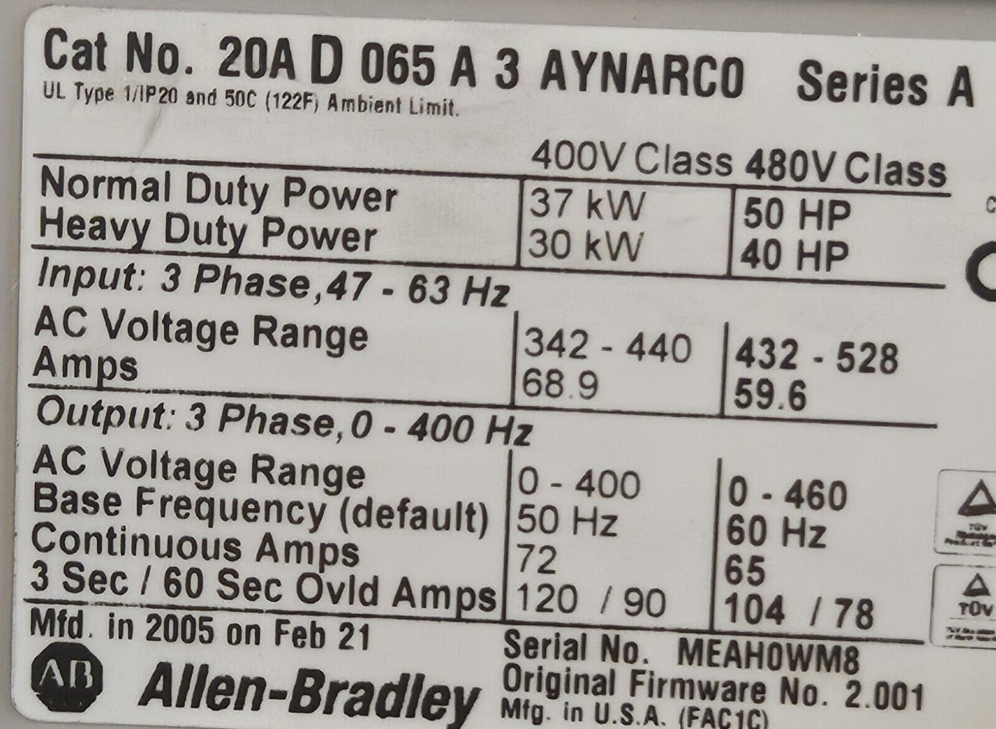 Allen Bradley 20A D 065 A 3 AYNARCO Ser A  Power Flex70                    Loc1F