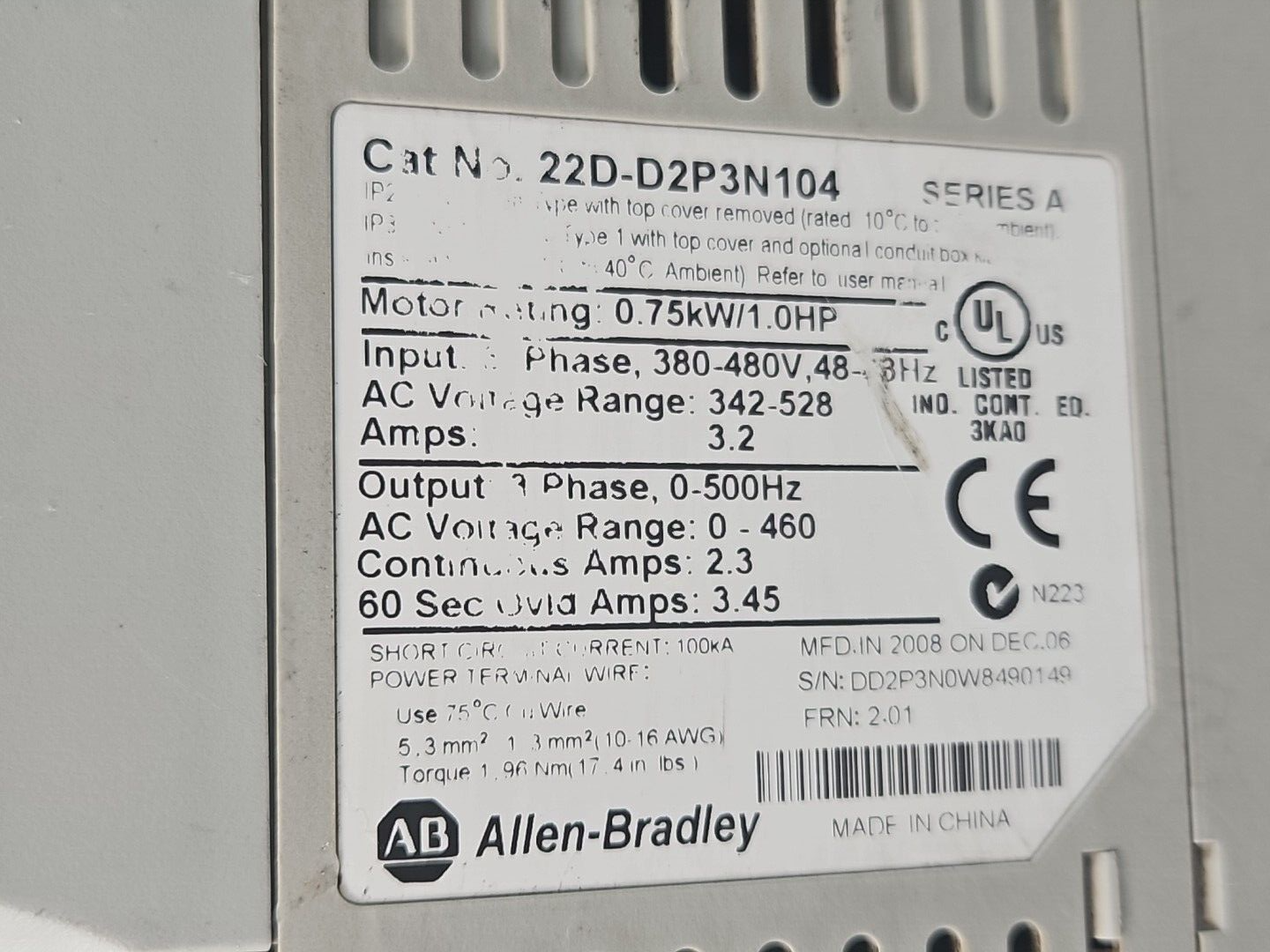 Allen Bradley 22D-D2P3N104 Ser A PowerFlex 40                           (BIN742)