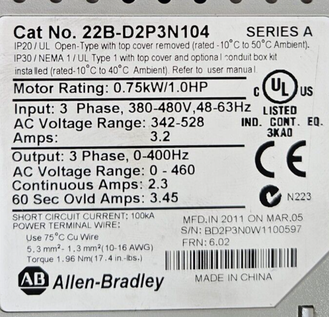 Allen Bradley 22B-D2P3N104 SerA PowerFlex 40 Ac Drive                   (BIN741)