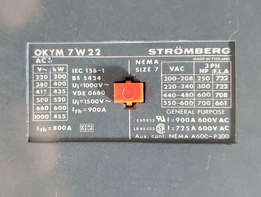 Strömberg OKYM7W22 NEMA SIZE 7 Contactor, 250-600HP, 200-600VAC.              1F