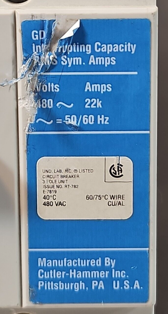 Westinghouse GD 22K Circuit Breaker 3 Poles 480V                        (BIN433)