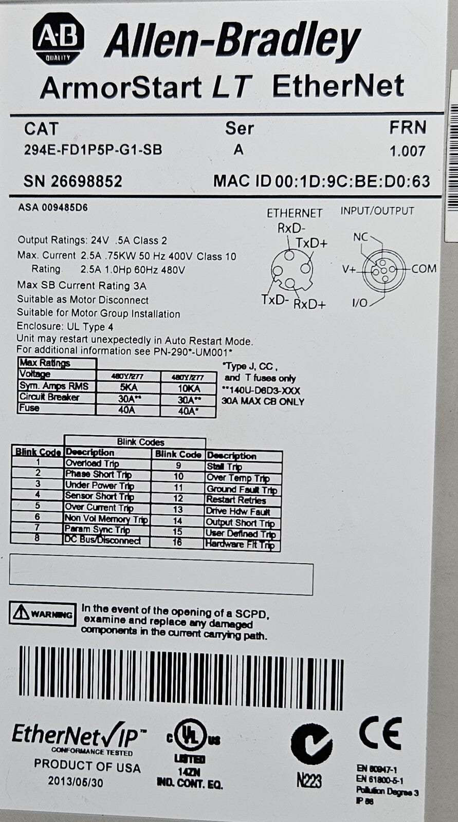 Allen Bradley 294E-FD1P5P-G1-SB Ser A ArmorStart LT Ethernet            (BIN761)