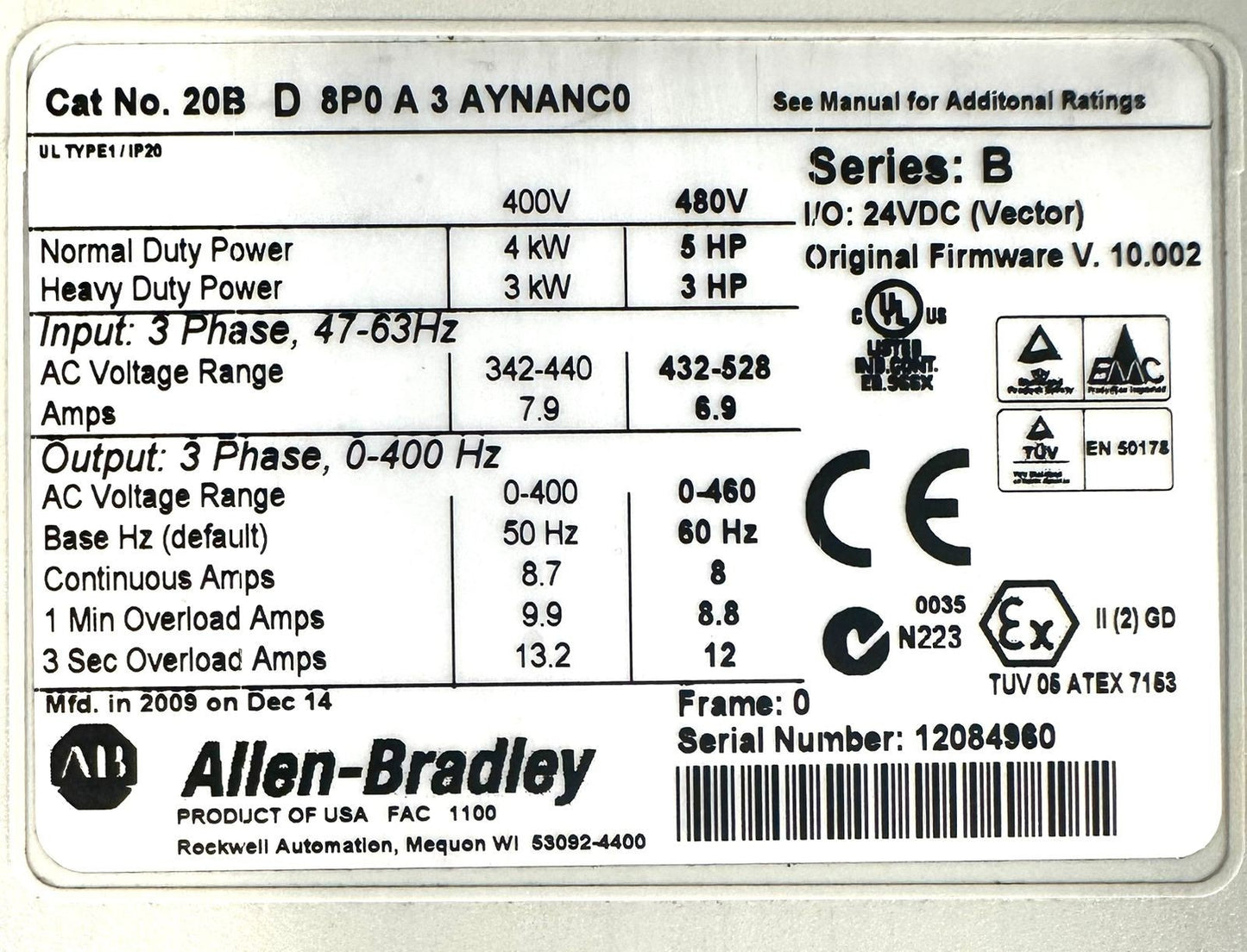 Allen Bradley PowerFlex700 20BD8P0A3 AYNANC0 Ser. B 3Ph 480v      (9.4.2)