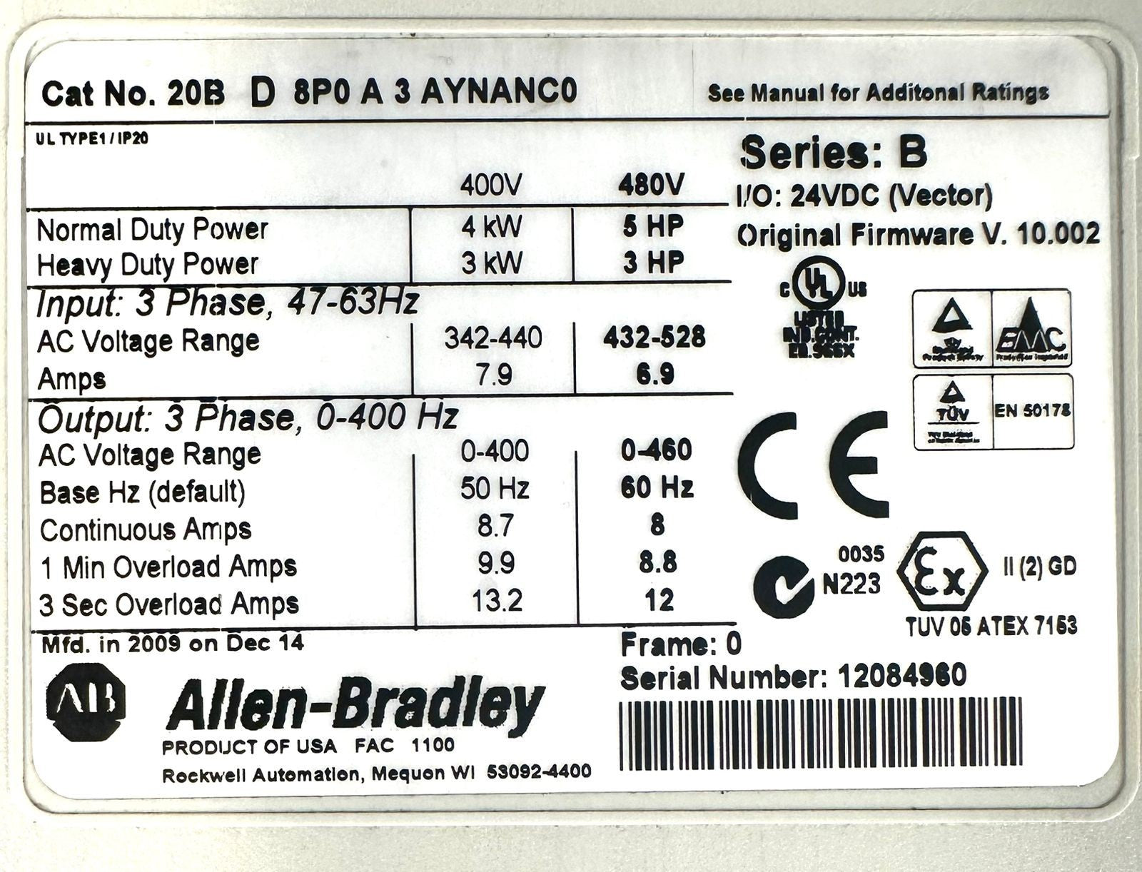 Allen Bradley PowerFlex700 20BD8P0A3 AYNANC0 Ser. B 3Ph 480v      (9.4.2)
