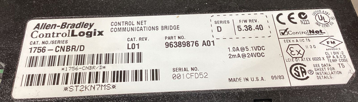 ALLEN-BRADLEY  1756-CNBR /D  CONTROLNET COMMUNICATION BRIDGE MODULE     3C-30