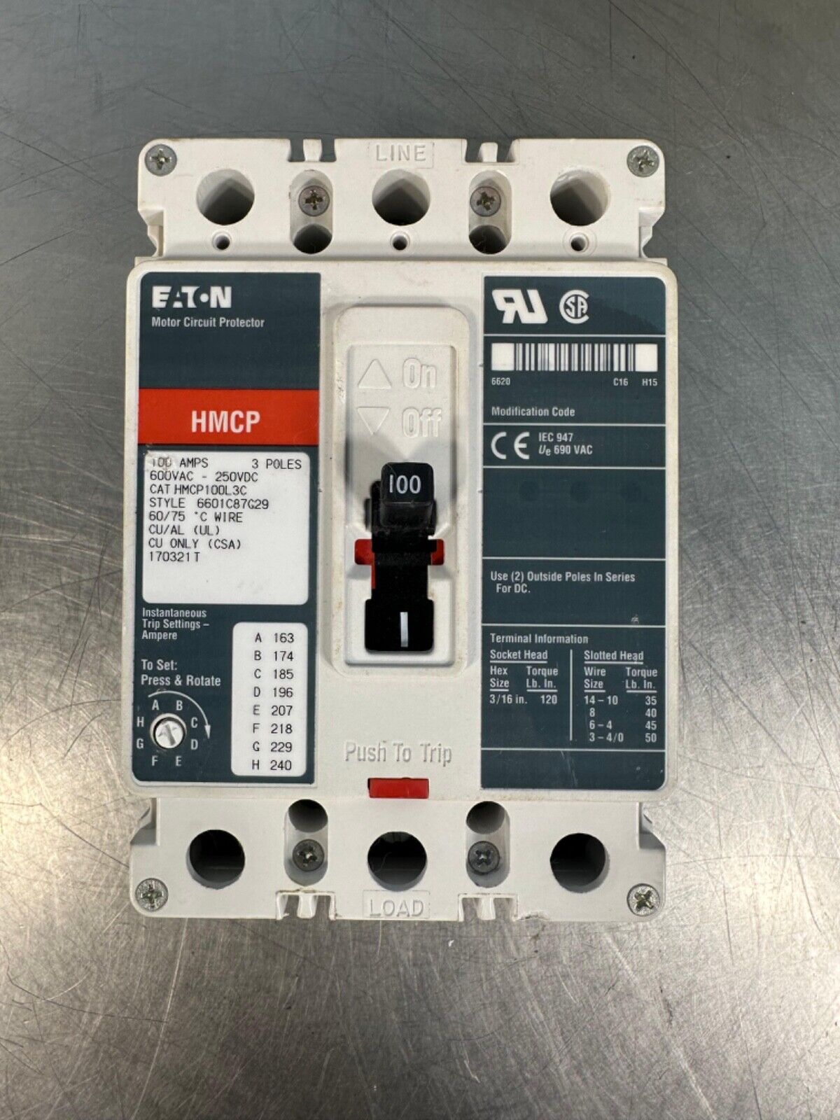 Eaton HMCP-100L3C Motor Circuit Protector breaker 100A 600V (4D-37)