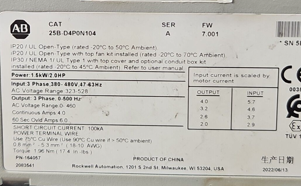 Allen bradley 25B-D4P0N104 PowerFlex 525 AC Drive                       (BIN311)