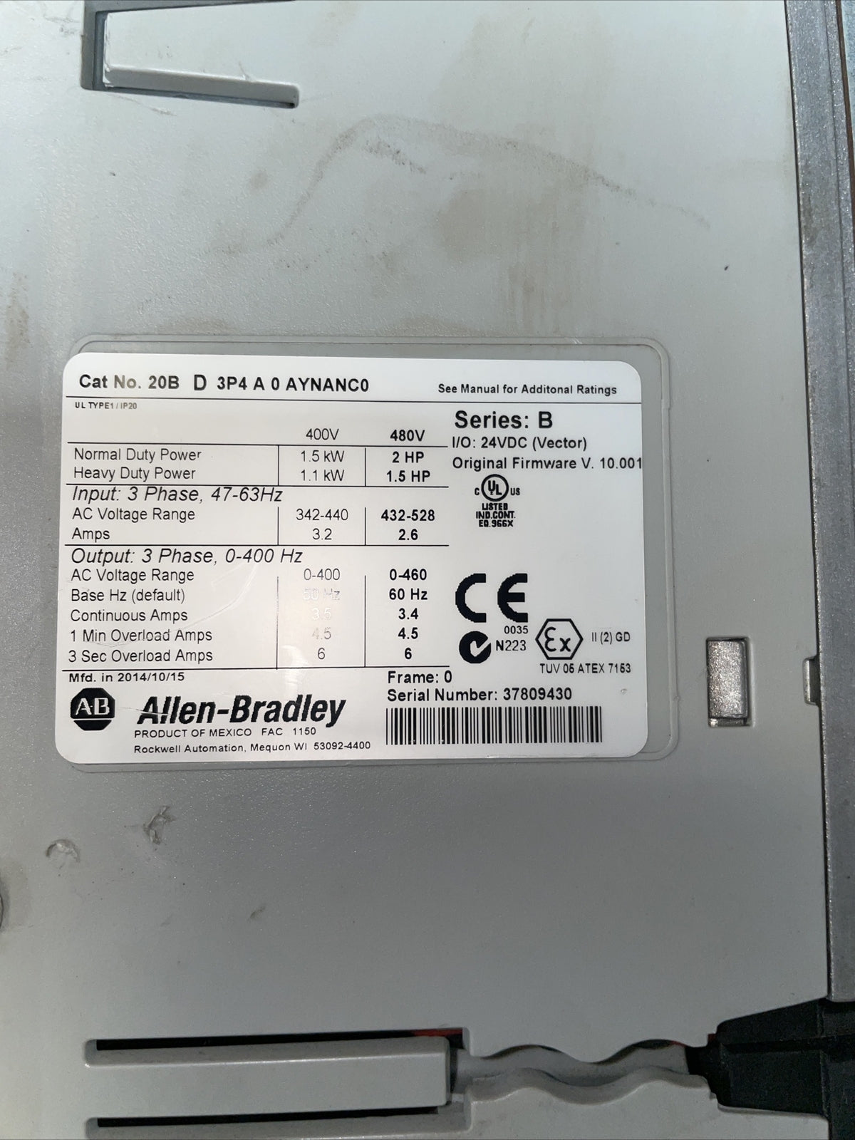 Allen Bradley PowerFlex 700 20BD3P4A0AYNANC0 460V 2HP Drive @(bin 1.4.4)