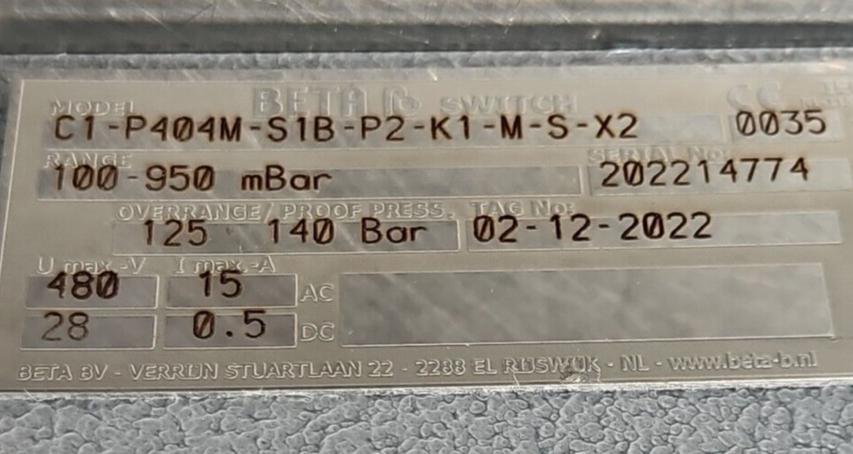 Beta C1-P404M-S1B-P2-K1-M-S-X2 Pressure Switch                          (BIN354)