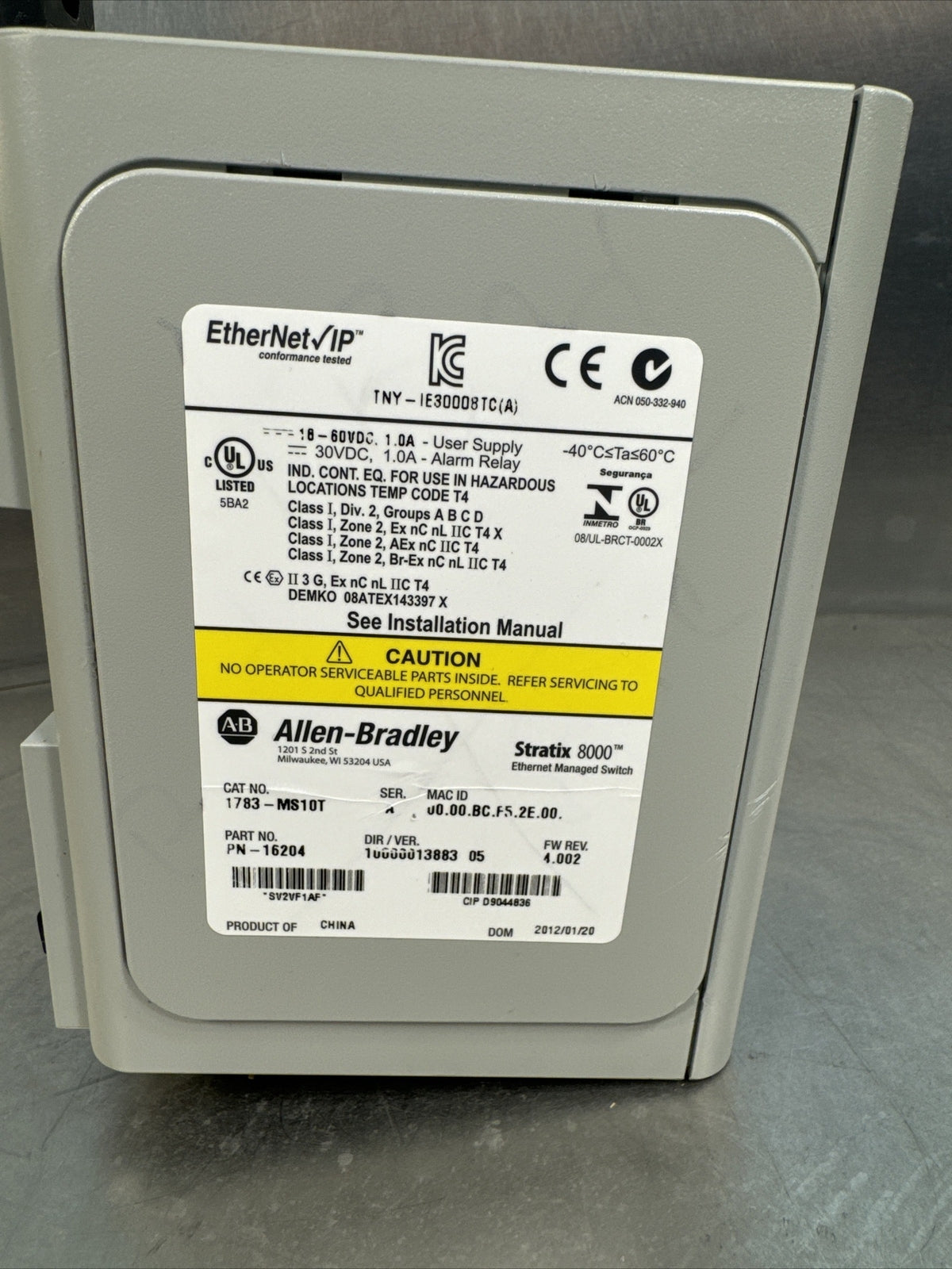 ALLEN BRADLEY 1783-MS10T MANAGED ETHERNET IP SWITCH STRATIX 8000 Ser. A bin1.5.1