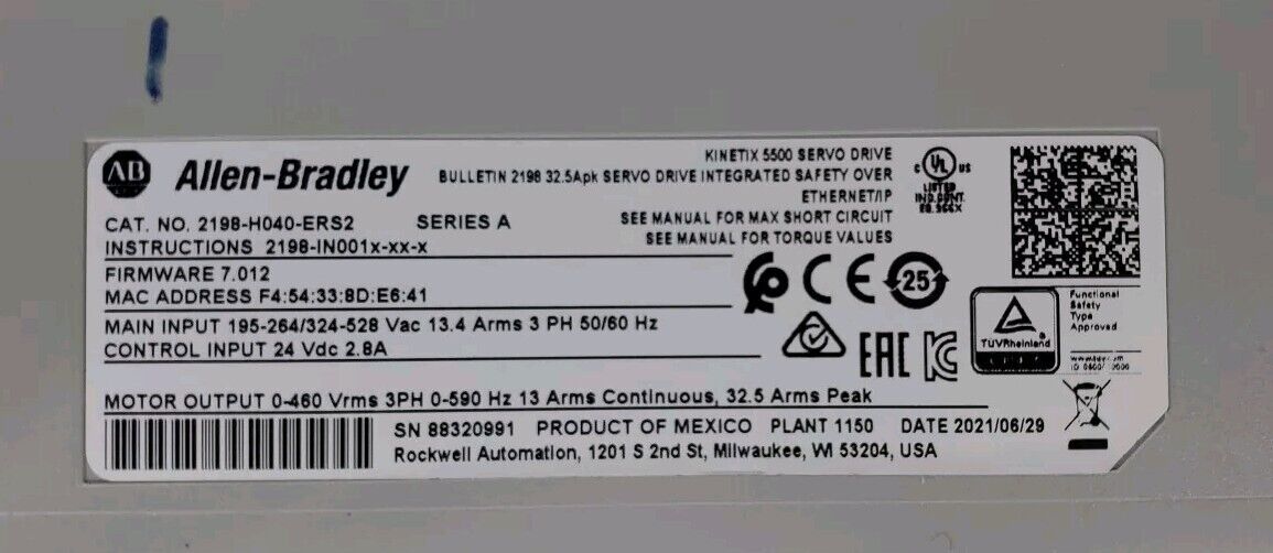 Allen Bradley 2198-H040-ERS2 Kinetix 5500S2 Servo Drive (REFURB)           1A-06