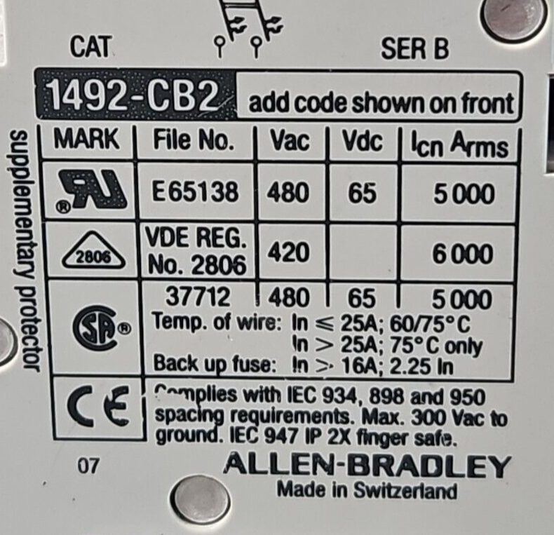 Allen-Bradley 1492-CB2 H 050 Series B Circuit Breaker 5A                 loc4A13